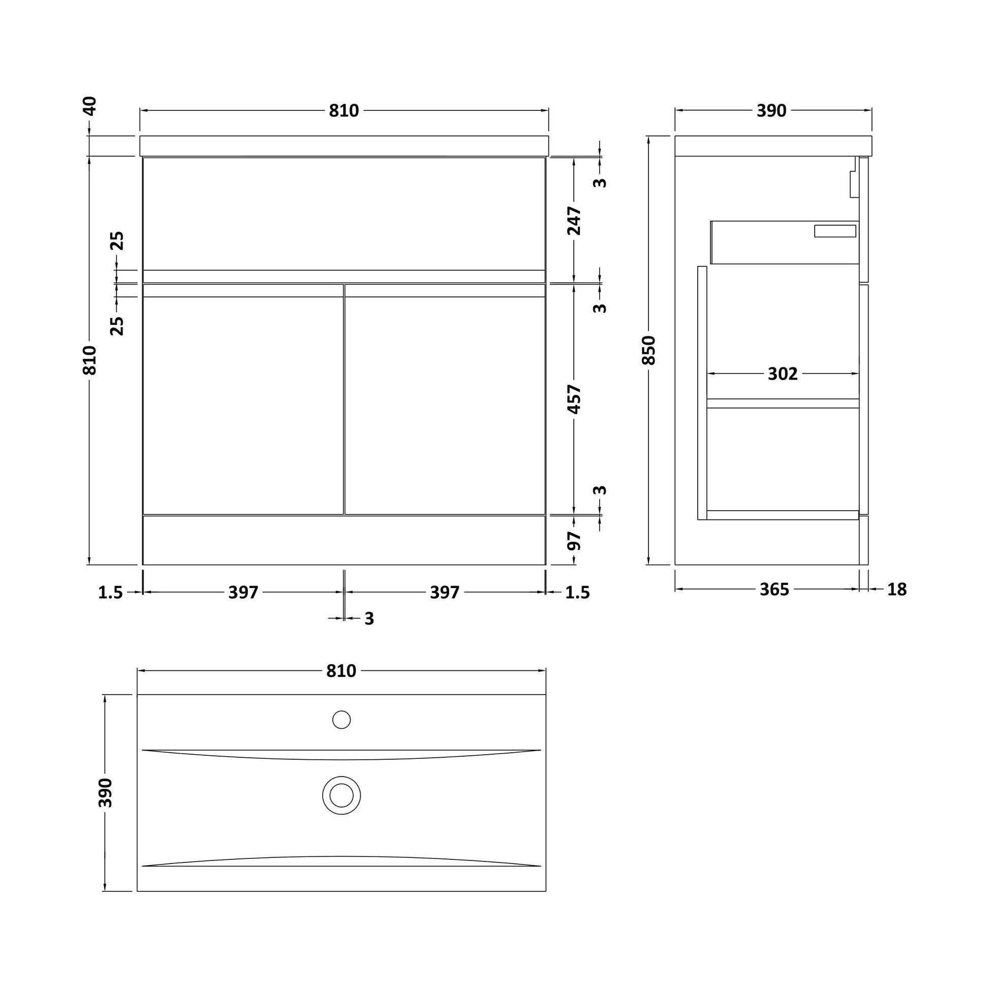 [BFRA305A] Mavesyn Contemporary 2 Door 1 Drawer Floor Standing Vanity Unit with Mid-Edge Basin, Dark Blue, 800mm - Technical Drawing