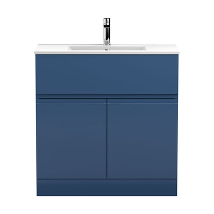 [BFRA305B] Mavesyn Contemporary 2 Door 1 Drawer Floor Standing Vanity Unit with Minimalist Basin, Dark Blue, 800mm - Cutout