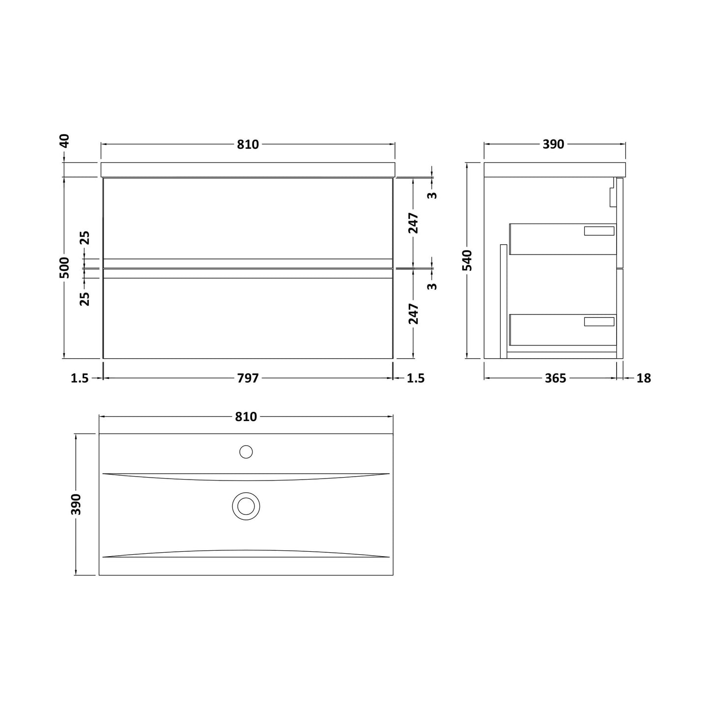 [BFRA306A] Mavesyn Contemporary 2 Drawer Wall Hung Vanity Unit with Mid-Edge Basin, Dark Blue, 800mm - Technical Drawing