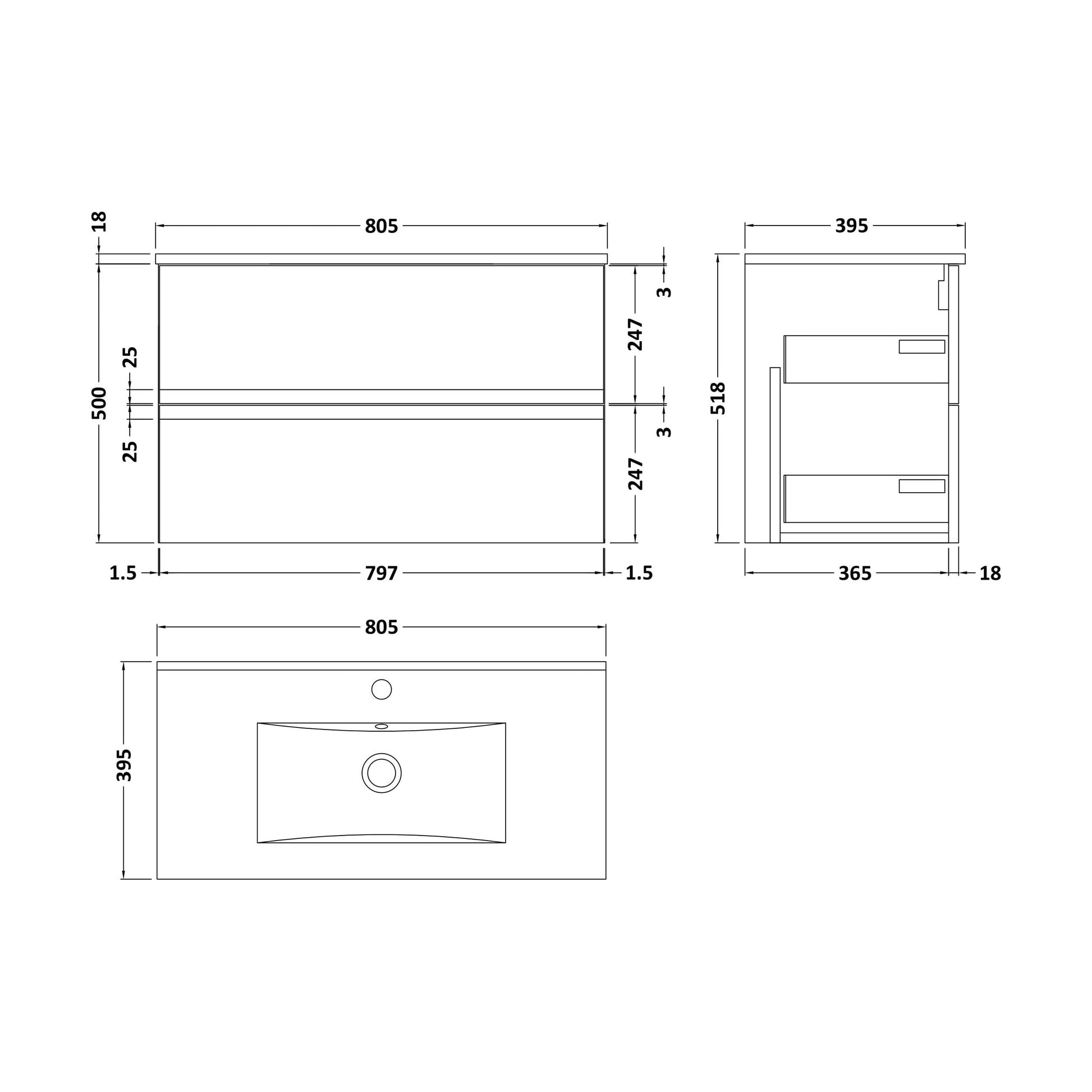[BFRA306B] Mavesyn Contemporary 2 Drawer Wall Hung Vanity Unit with Minimalist Basin, Dark Blue, 800mm - Technical Drawing