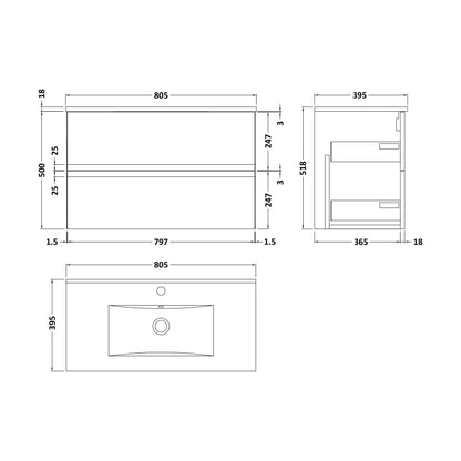 [BFRA306B] Mavesyn Contemporary 2 Drawer Wall Hung Vanity Unit with Minimalist Basin, Dark Blue, 800mm - Technical Drawing