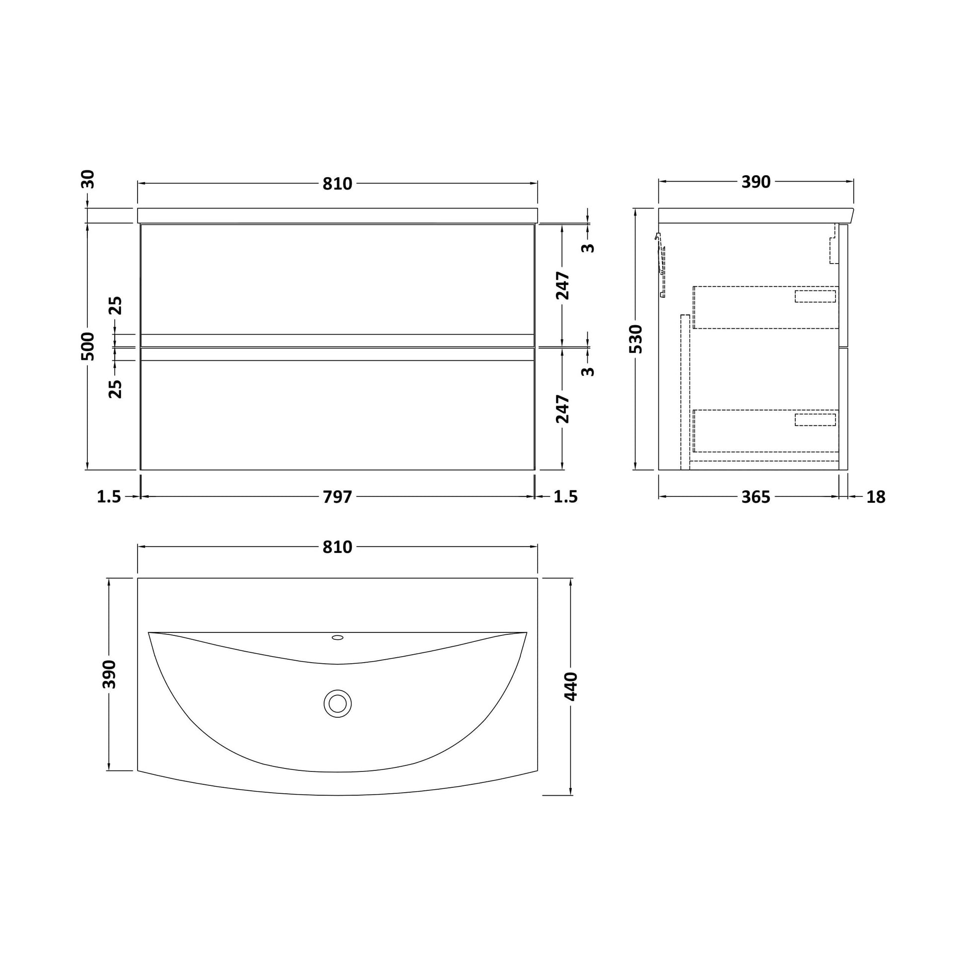 [BFRA306G] Mavesyn Contemporary 2 Drawer Wall Hung Vanity Unit with Curved Basin, Dark Blue, 800mm - Technical Drawing