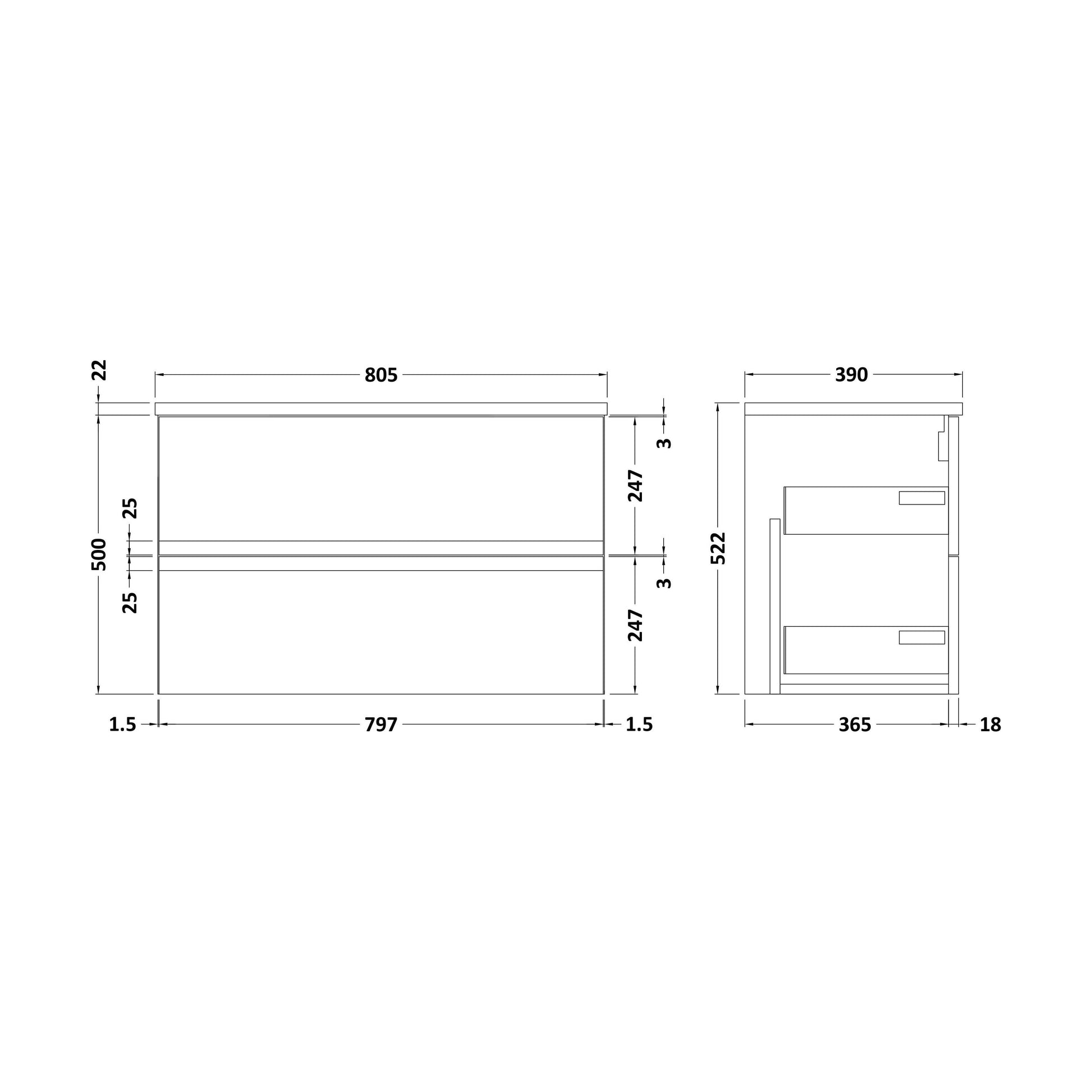 [BFRA306LCM] Mavesyn Contemporary 2 Drawer Wall Hung Vanity Unit with Laminate Worktop, Dark Blue, 800mm - Technical Drawing