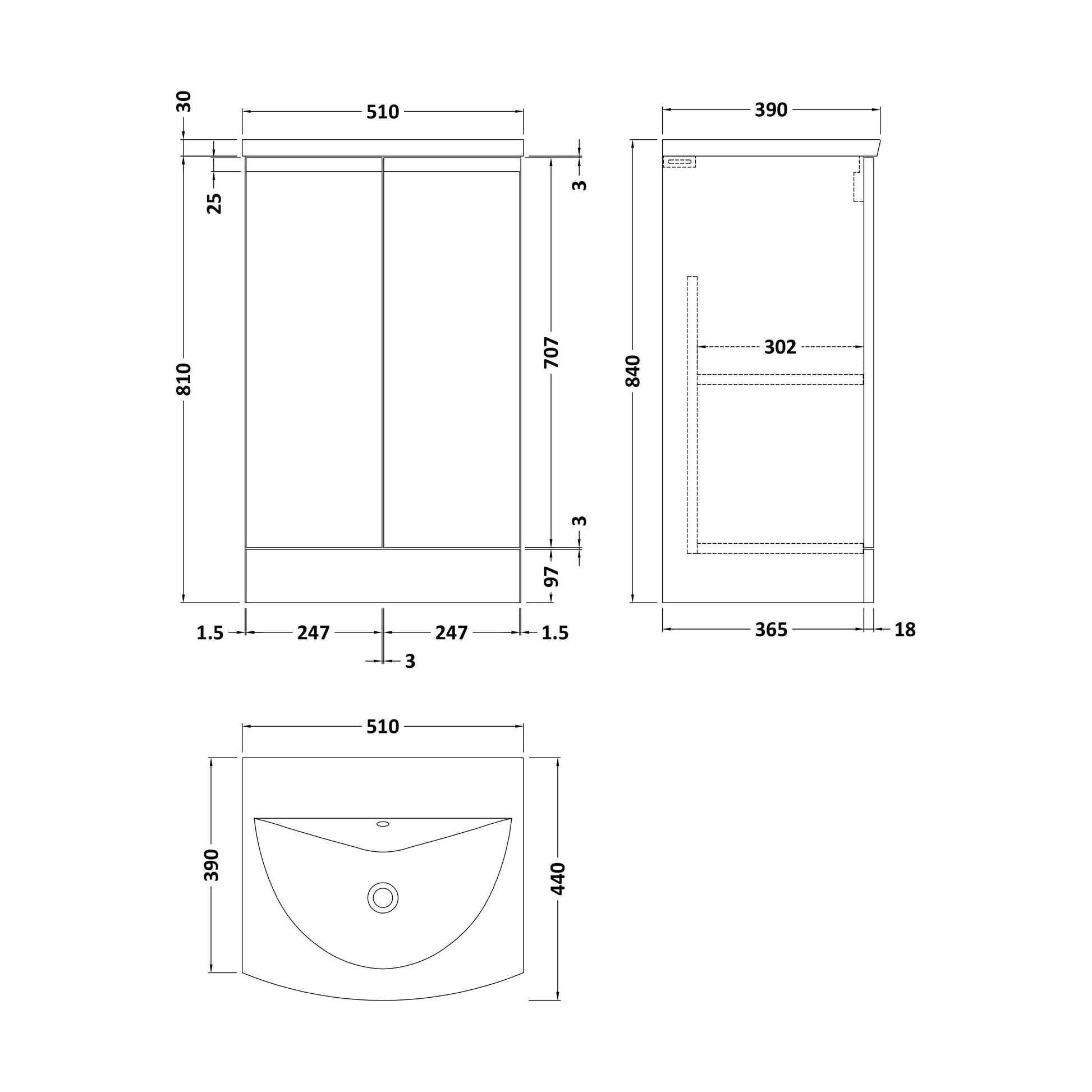 [BFRA307G] Mavesyn Contemporary 2 Door Floor Standing Vanity Unit with Curved Basin, Dark Blue, 500mm - Technical Drawing