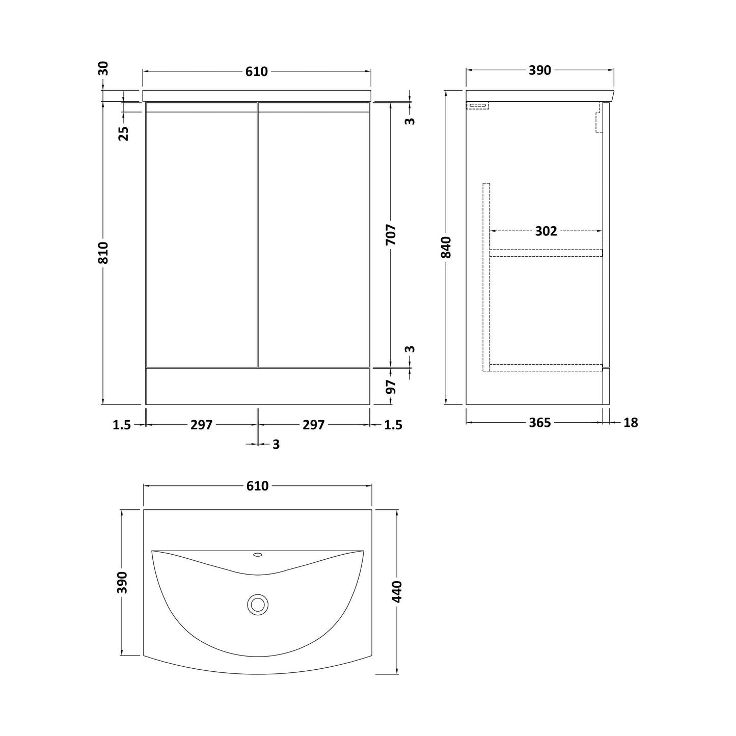 [BFRA308G] Mavesyn Contemporary 2 Door Floor Standing Vanity Unit with Curved Basin, Dark Blue, 600mm - Technical Drawing