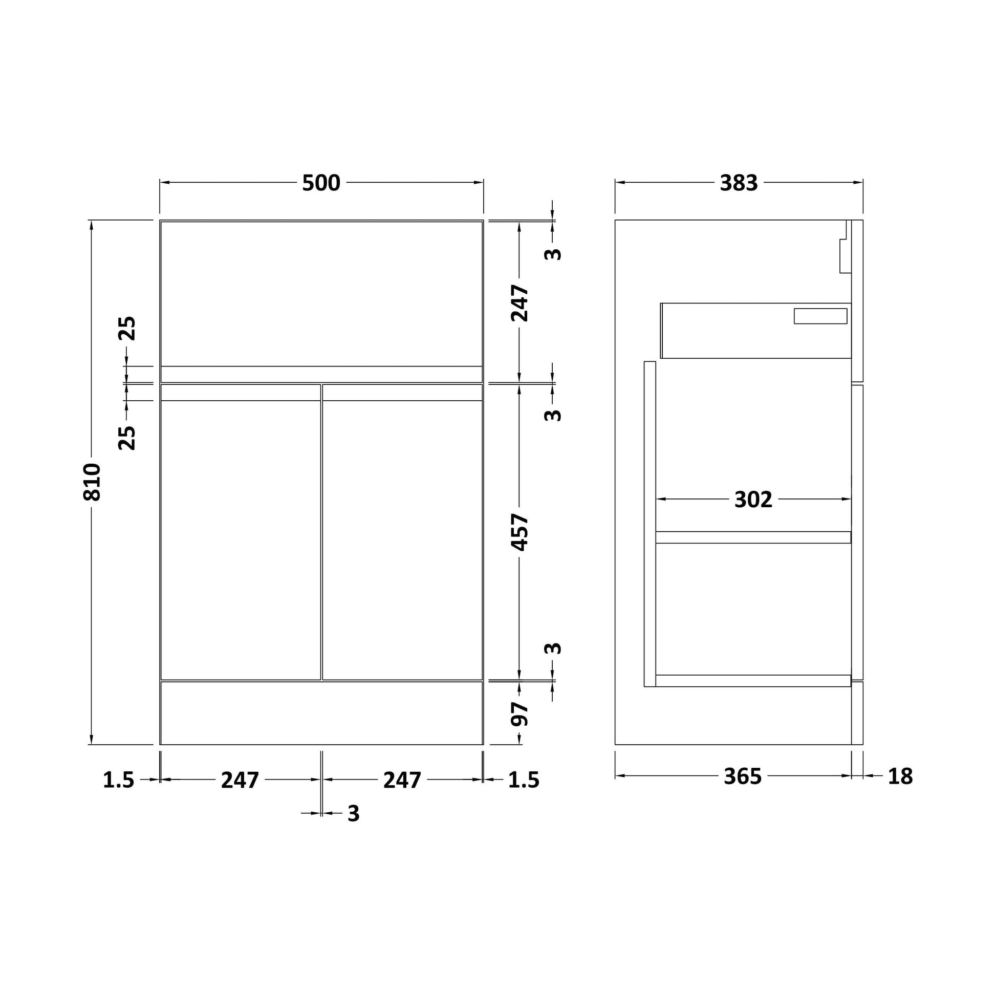 [BFRA324] 500 F/S 2-Door/Drawer Unit - Technical Drawing