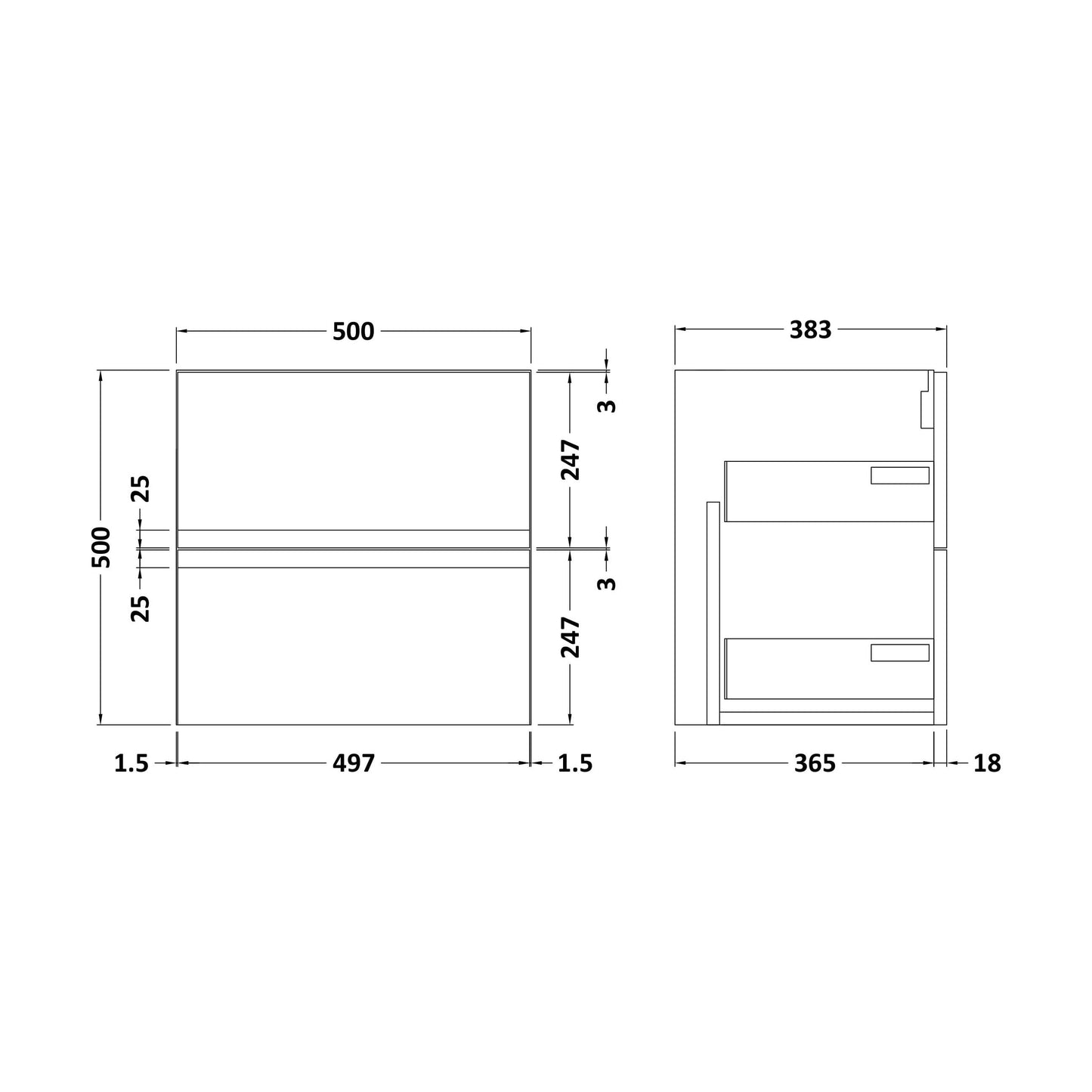 [BFRA392] 500 W/H 2-Drawer Unit - Technical Drawing