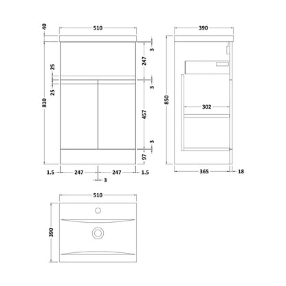 [BFRA801A] Mavesyn Contemporary 2 Door 1 Drawer Floor Standing Vanity Unit with Mid-Edge Basin, Satin Green, 500mm - Technical Drawing