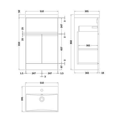 [BFRA801D] Mavesyn Contemporary 2 Door 1 Drawer Floor Standing Vanity Unit with Thin Edge Basin, Satin Green, 500mm - Technical Drawing