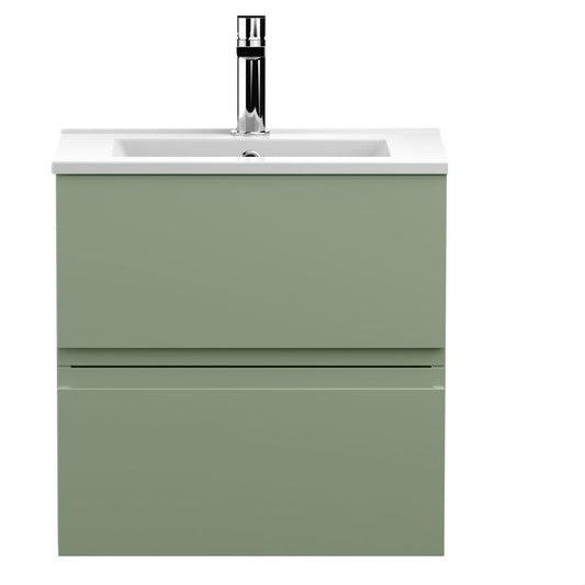[BFRA802B] Mavesyn Contemporary 2 Drawer Wall Hung Vanity Unit with Minimalist Basin, Satin Green, 500mm - Cutout