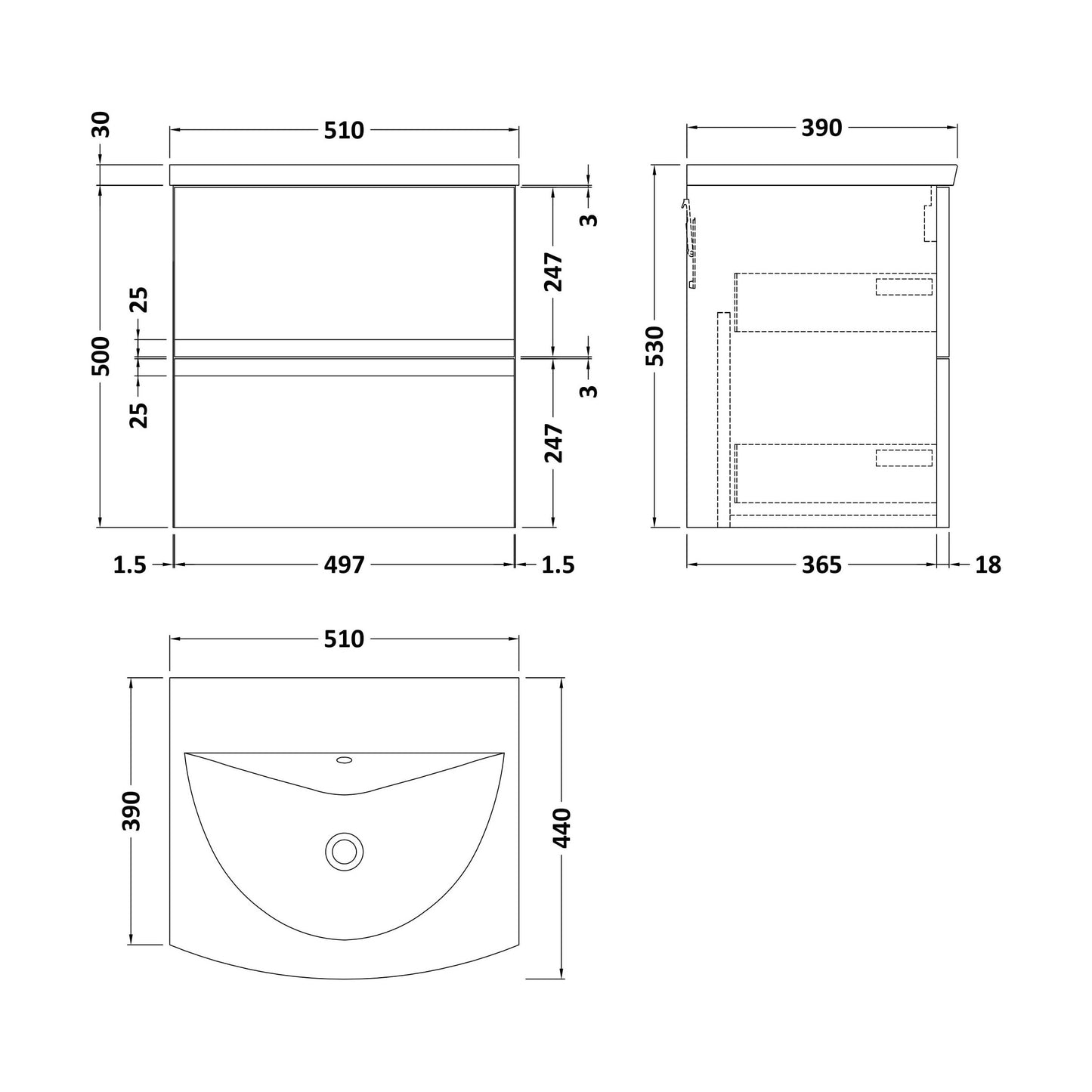 [BFRA802G] Mavesyn Contemporary 2 Drawer Wall Hung Vanity Unit with Curved Basin, Satin Green, 500mm - Technical Drawing