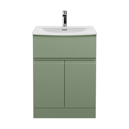 [BFRA803G] Mavesyn Contemporary 2 Door 1 Drawer Floor Standing Vanity Unit with Curved Basin, Satin Green, 600mm - Cutout