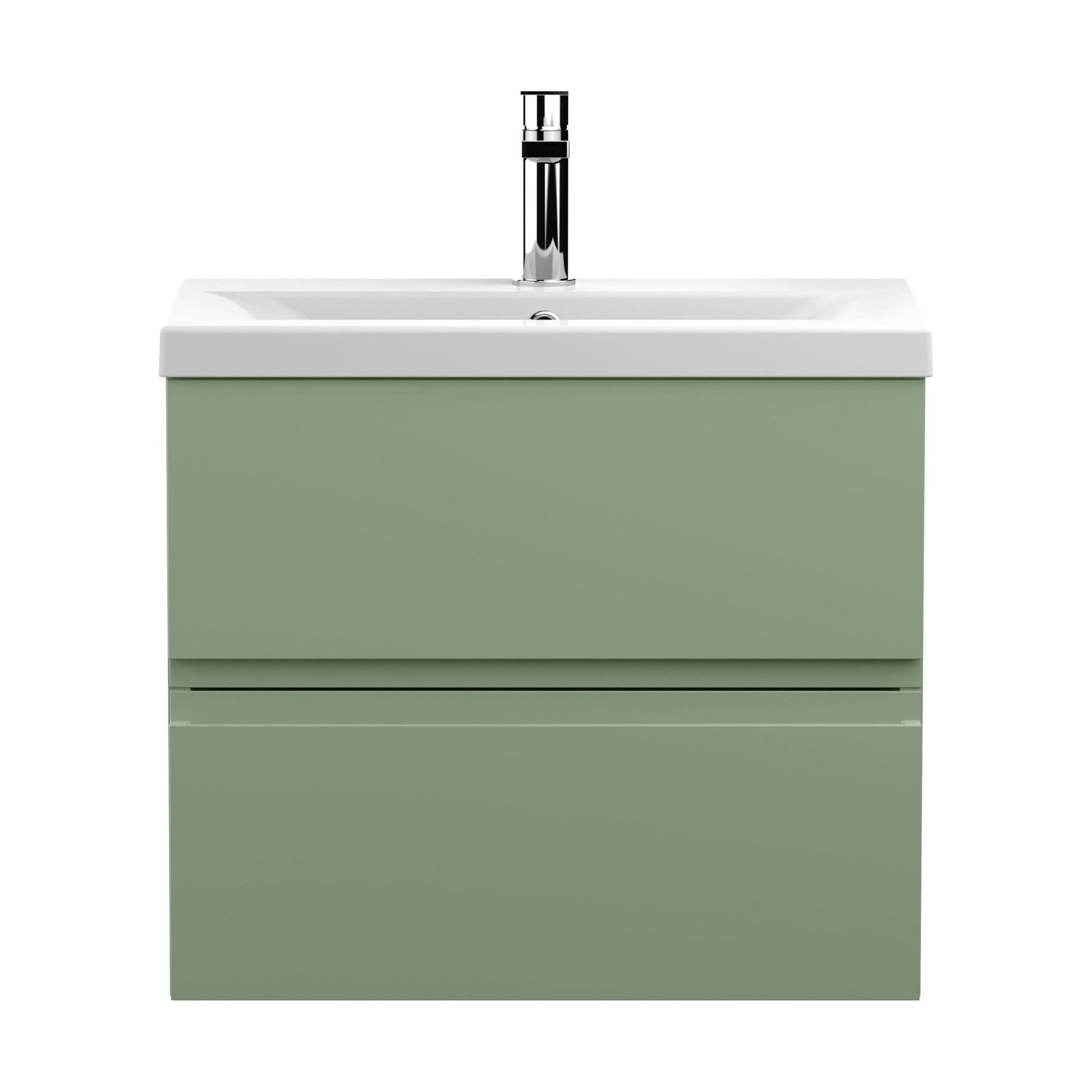 [BFRA804A] Mavesyn Contemporary 2 Drawer Wall Hung Vanity Unit with Mid-Edge Basin, Satin Green, 600mm - Cutout
