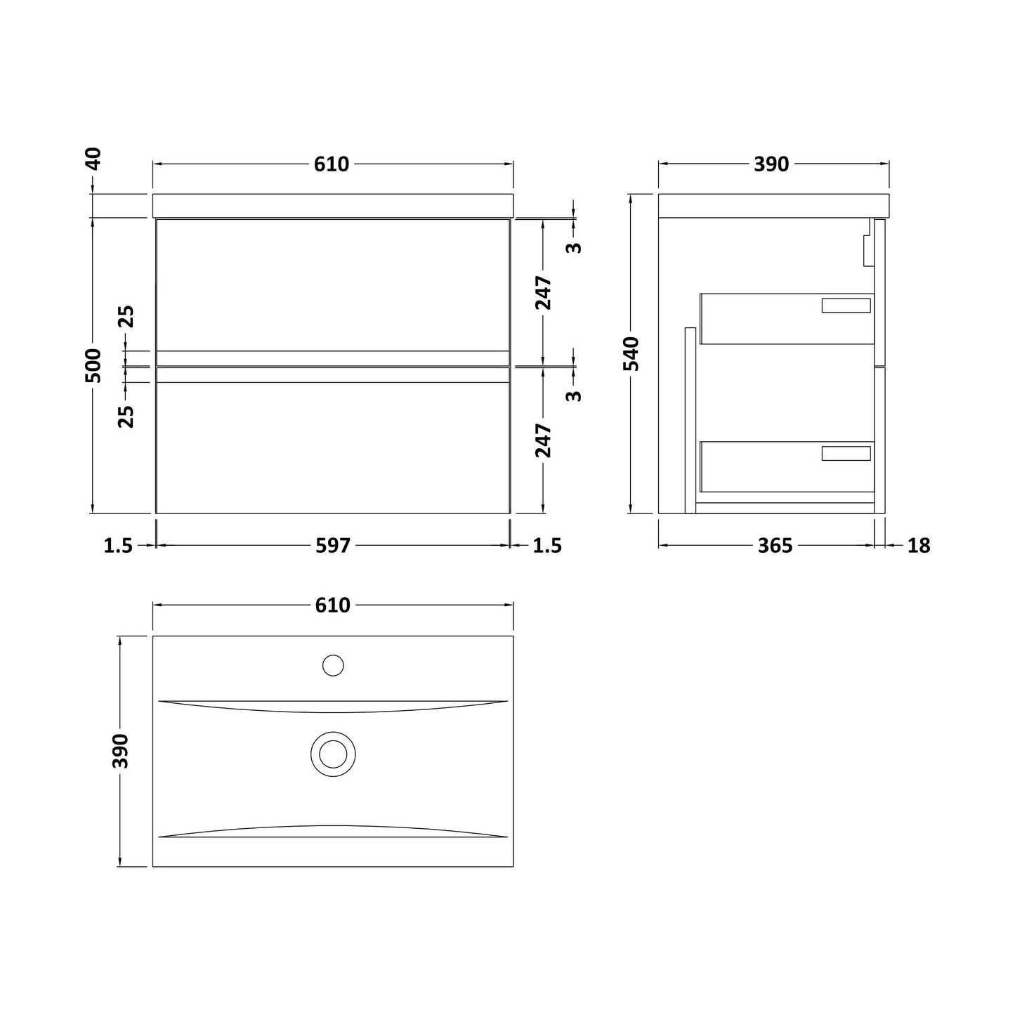 [BFRA804A] Mavesyn Contemporary 2 Drawer Wall Hung Vanity Unit with Mid-Edge Basin, Satin Green, 600mm - Technical Drawing