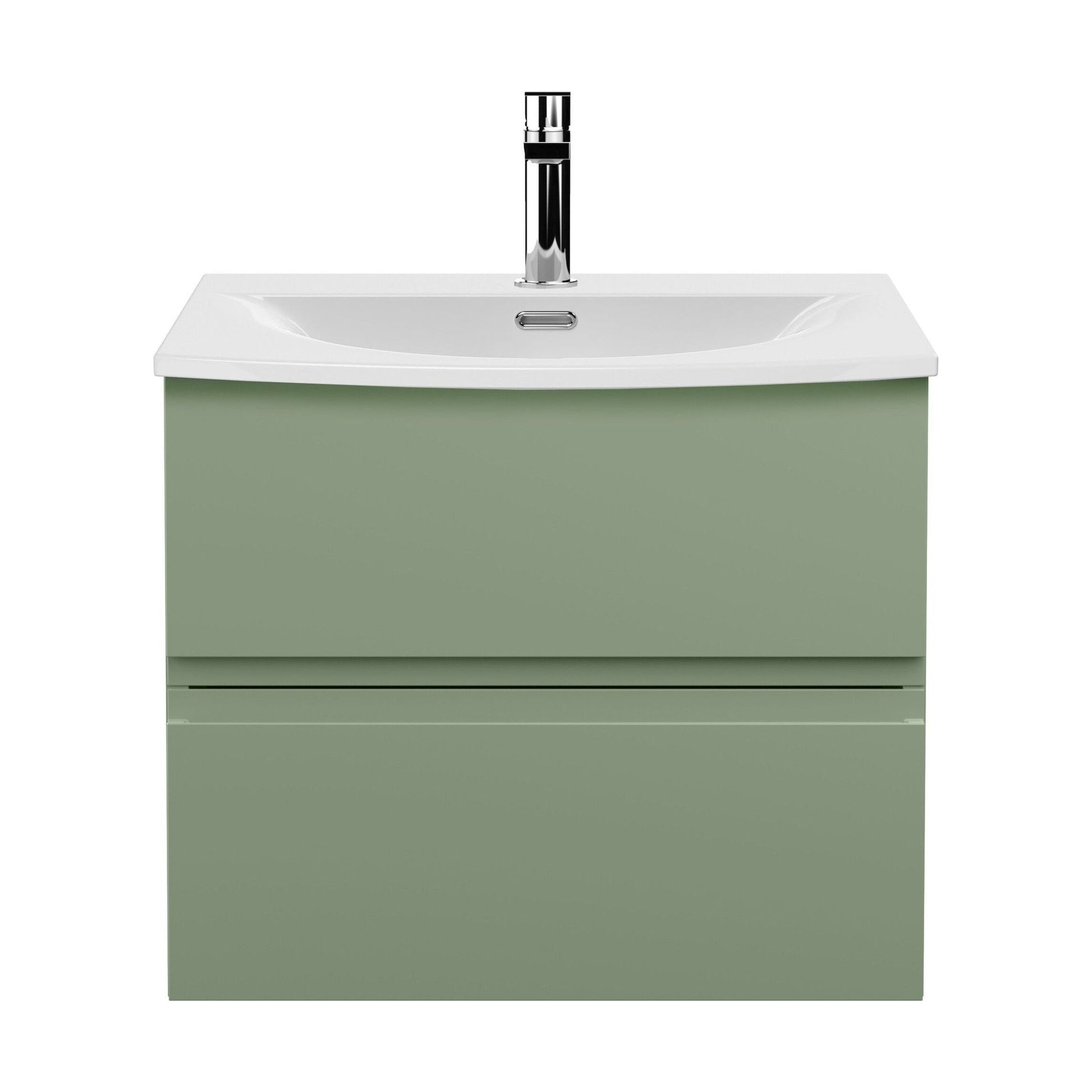 [BFRA804G] Mavesyn Contemporary 2 Drawer Wall Hung Vanity Unit with Curved Basin, Satin Green, 600mm - Cutout