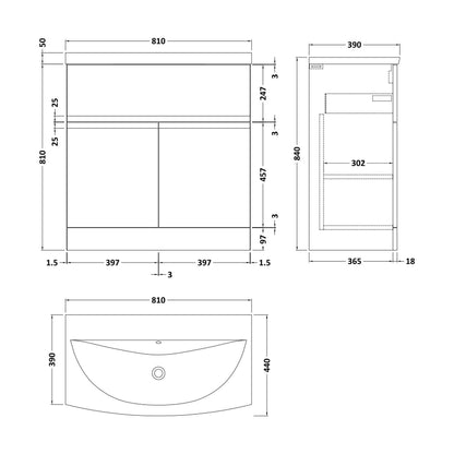 [BFRA805G] Mavesyn Contemporary 2 Door 1 Drawer Floor Standing Vanity Unit with Curved Basin, Satin Green, 800mm - Technical Drawing
