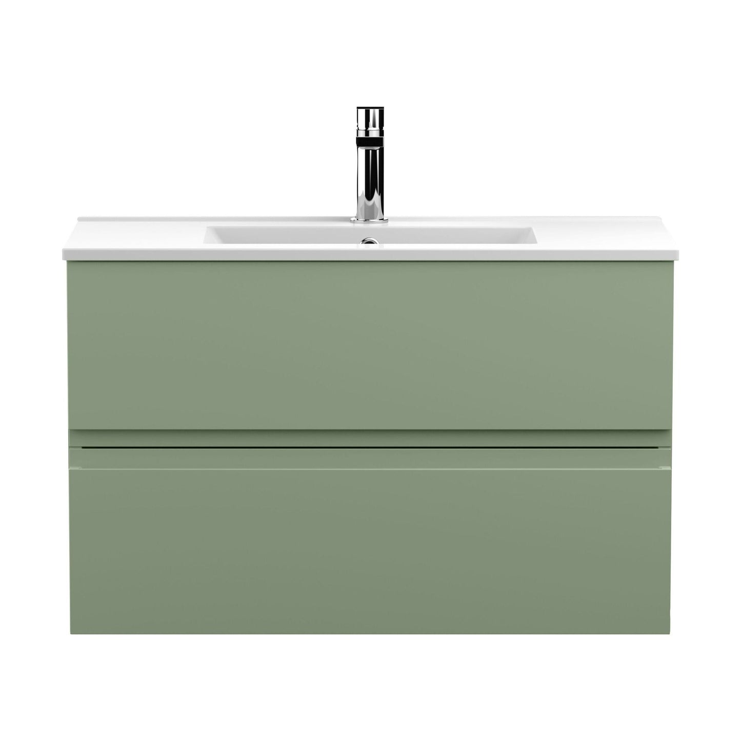 [BFRA806B] Mavesyn Contemporary 2 Drawer Wall Hung Vanity Unit with Minimalist Basin, Satin Green, 800mm - Cutout