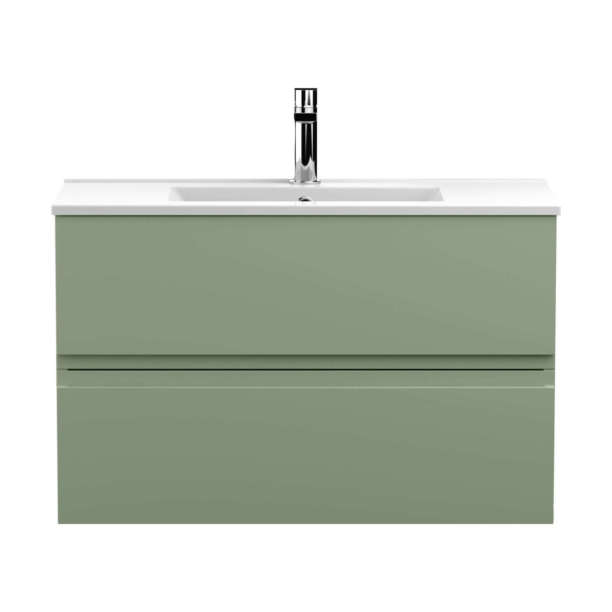 [BFRA806B] Mavesyn Contemporary 2 Drawer Wall Hung Vanity Unit with Minimalist Basin, Satin Green, 800mm - Cutout