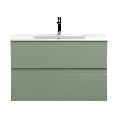 [BFRA806B] Mavesyn Contemporary 2 Drawer Wall Hung Vanity Unit with Minimalist Basin, Satin Green, 800mm - Cutout