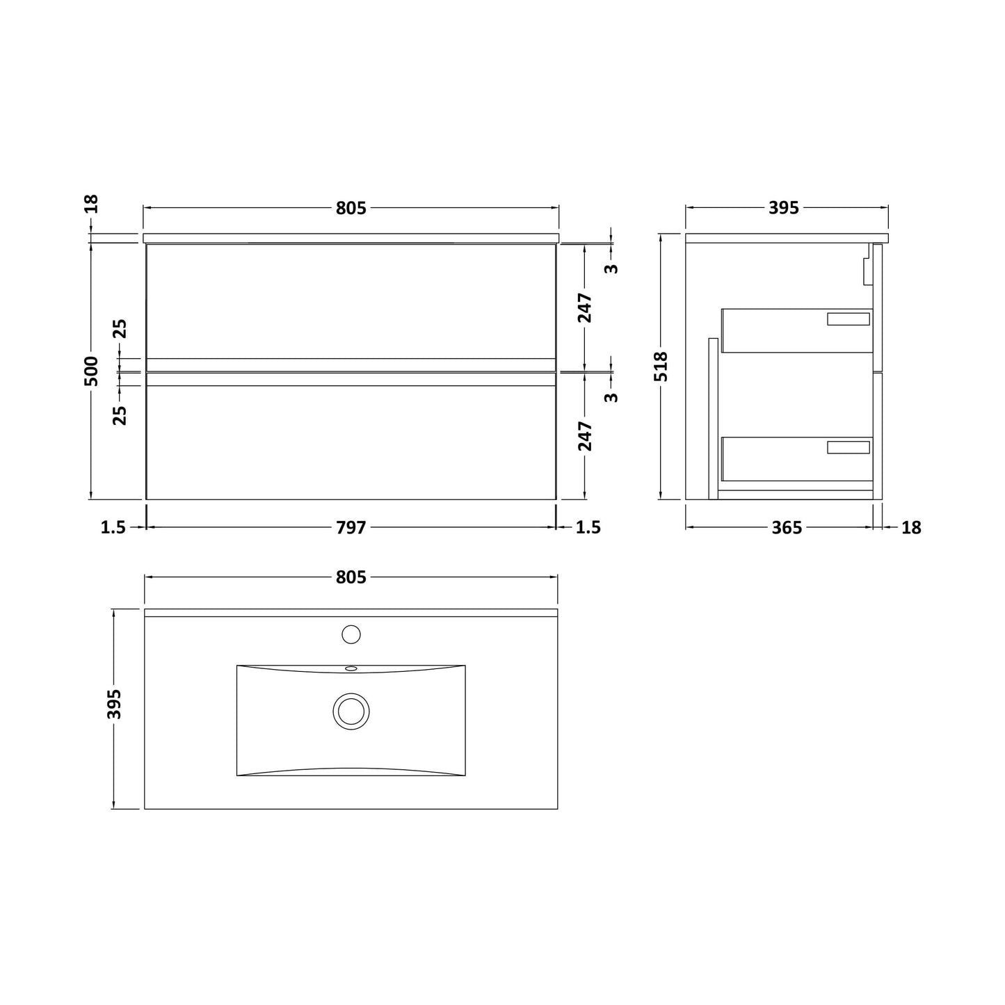 [BFRA806B] Mavesyn Contemporary 2 Drawer Wall Hung Vanity Unit with Minimalist Basin, Satin Green, 800mm - Technical Drawing
