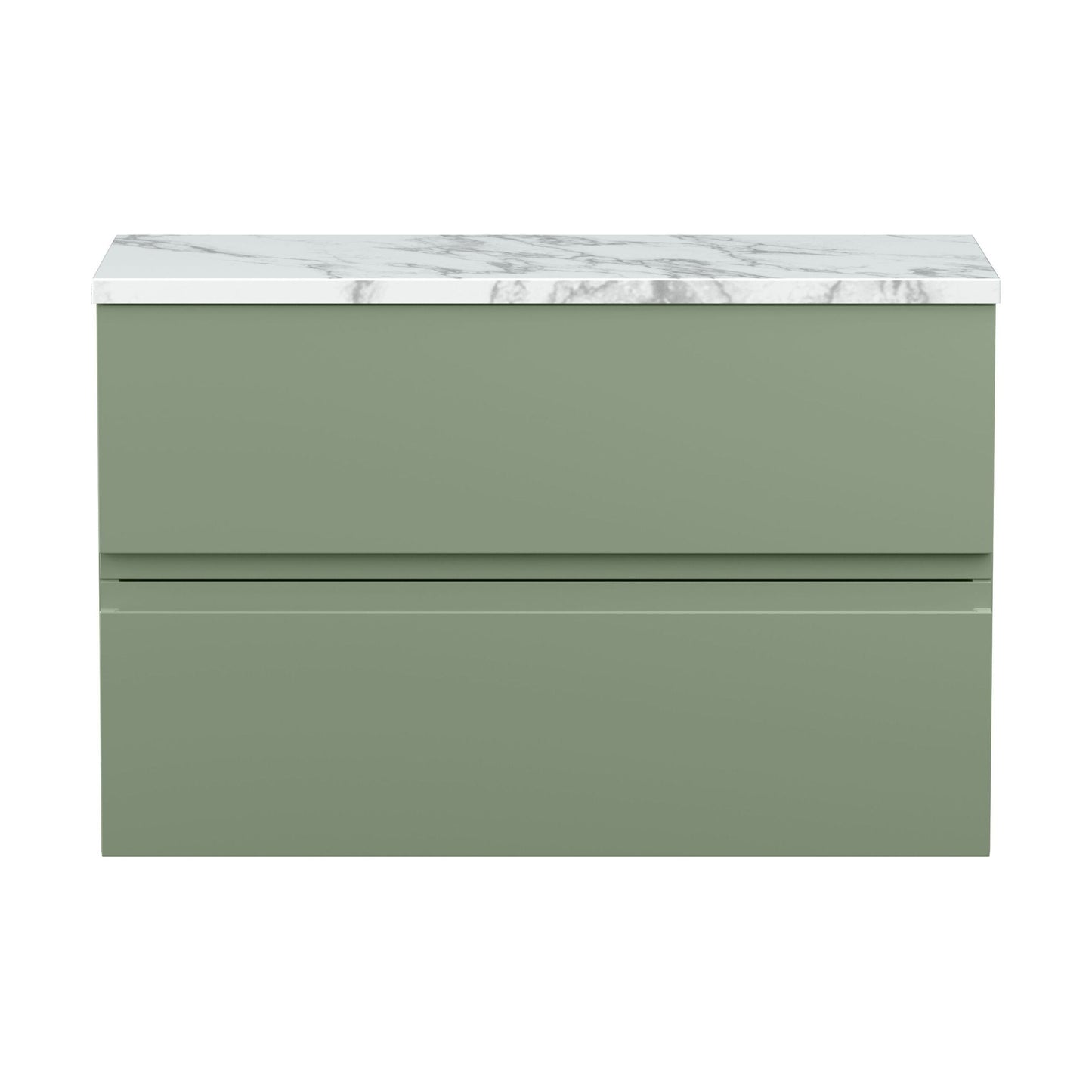 [BFRA806LCM] Mavesyn Contemporary 2 Drawer Wall Hung Vanity Unit with Laminate Worktop, Satin Green, 800mm - Cutout