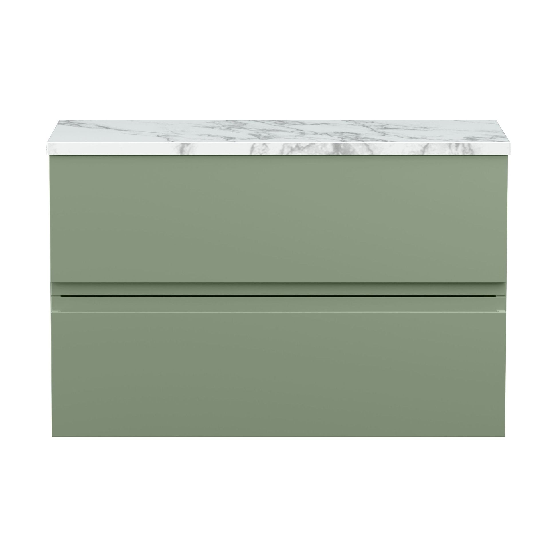 [BFRA806LCM] Mavesyn Contemporary 2 Drawer Wall Hung Vanity Unit with Laminate Worktop, Satin Green, 800mm - Cutout