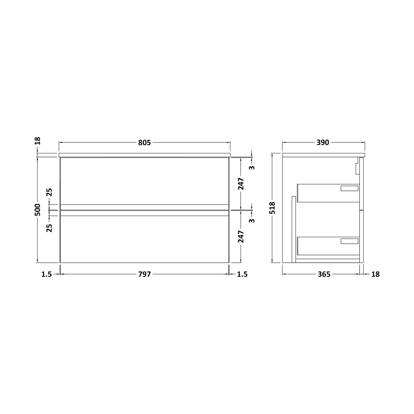 [BFRA806W] Mavesyn Contemporary 2 Drawer Wall Hung Vanity Unit with Worktop, Satin Green, 800mm - Technical Drawing