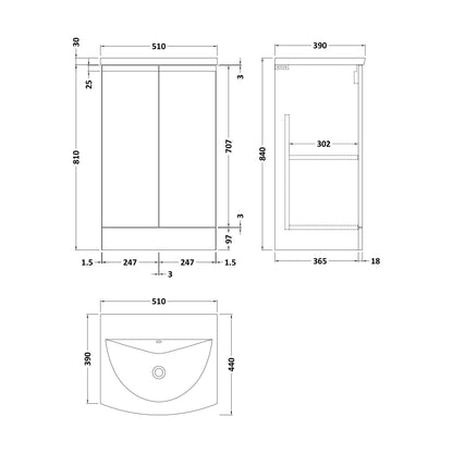 [BFRA807G] Mavesyn Contemporary 2 Door Floor Standing Vanity Unit with Curved Basin, Satin Green, 500mm - Technical Drawing
