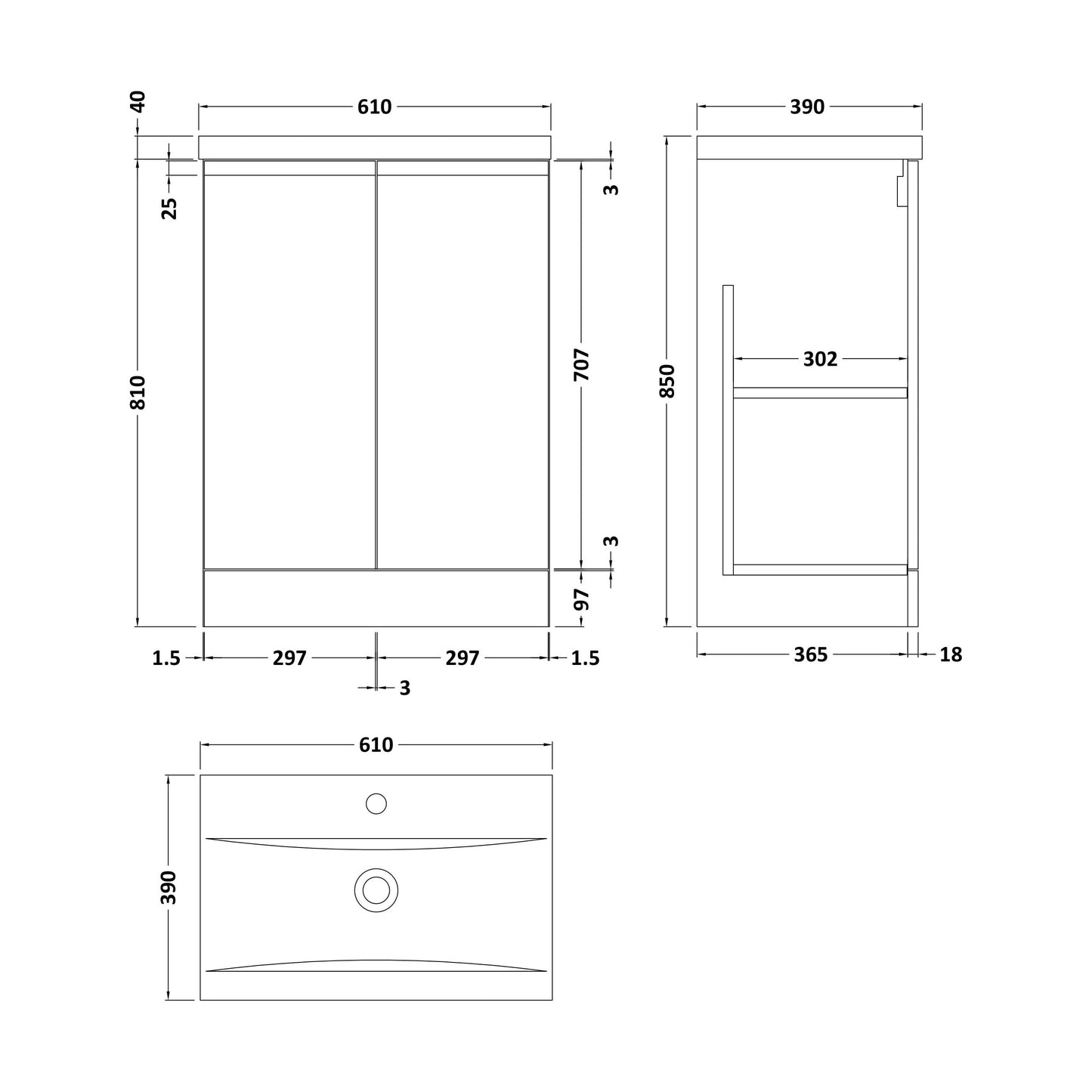 [BFRA808A] Mavesyn Contemporary 2 Door Floor Standing Vanity Unit with Mid-Edge Basin, Satin Green, 600mm - Technical Drawing
