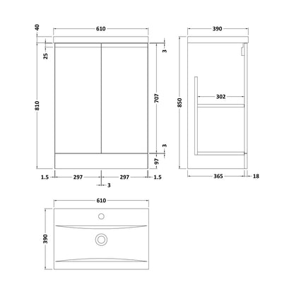 [BFRA808A] Mavesyn Contemporary 2 Door Floor Standing Vanity Unit with Mid-Edge Basin, Satin Green, 600mm - Technical Drawing
