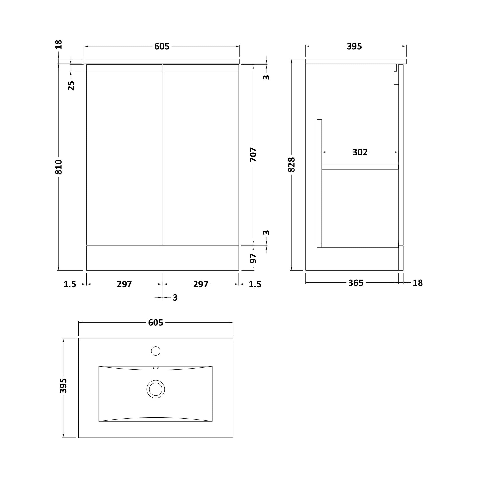 [BFRA808B] Mavesyn Contemporary 2 Door Floor Standing Vanity Unit with Minimalist Basin, Satin Green, 600mm - Technical Drawing