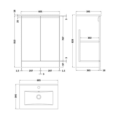 [BFRA808B] Mavesyn Contemporary 2 Door Floor Standing Vanity Unit with Minimalist Basin, Satin Green, 600mm - Technical Drawing