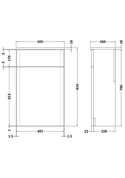 [BFRC1841] Flashbrook Contemporary Floor Standing WC Toilet Unit - 500mm - Choice of Finish - Technical Drawing