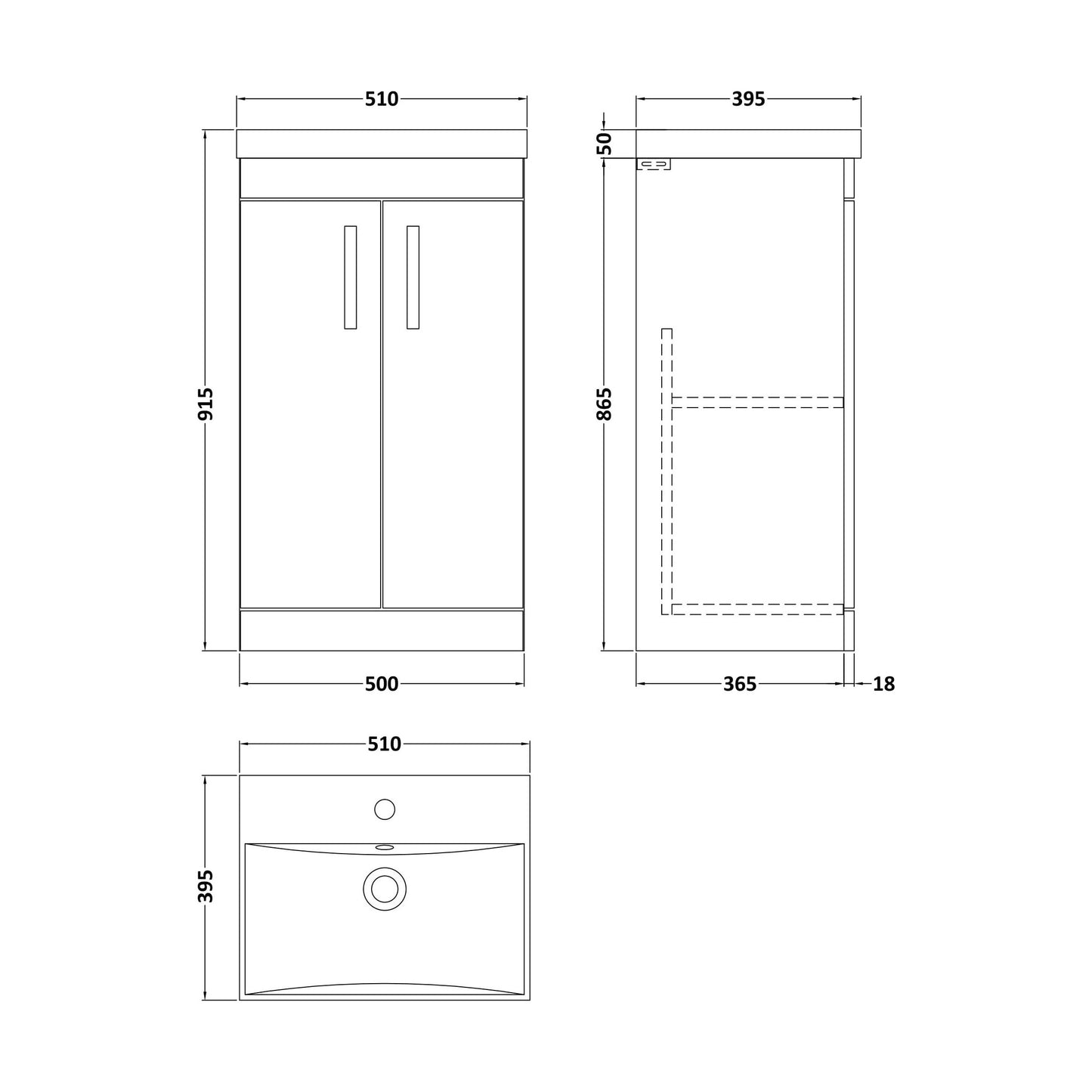 [BFRI004D] Millwich Contemporary 2 Door Floor Standing Vanity Unit with Thin Edge Basin, Anthracite Woodgrain, 500mm - Technical Drawing