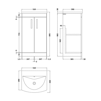 [BFRI004G] Millwich Contemporary 2 Door Floor Standing Vanity Unit with Curved Basin, Anthracite Woodgrain, 500mm - Technical Drawing