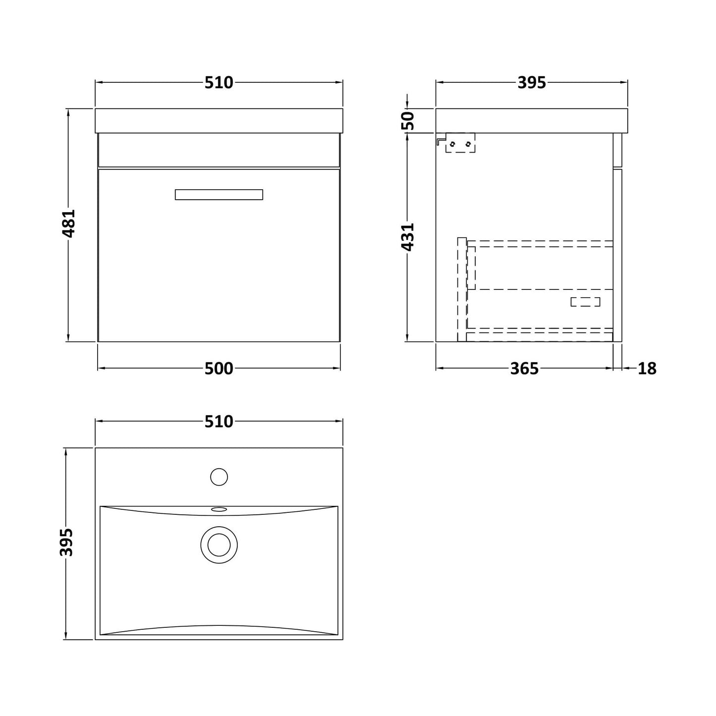 [BFRI011D] Millwich Contemporary 1 Drawer Wall Hung Vanity Unit with Thin Edge Basin, Anthracite Woodgrain, 500mm - Technical Drawing