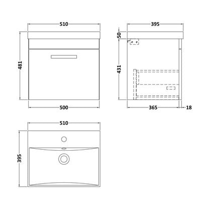 [BFRI011D] Millwich Contemporary 1 Drawer Wall Hung Vanity Unit with Thin Edge Basin, Anthracite Woodgrain, 500mm - Technical Drawing