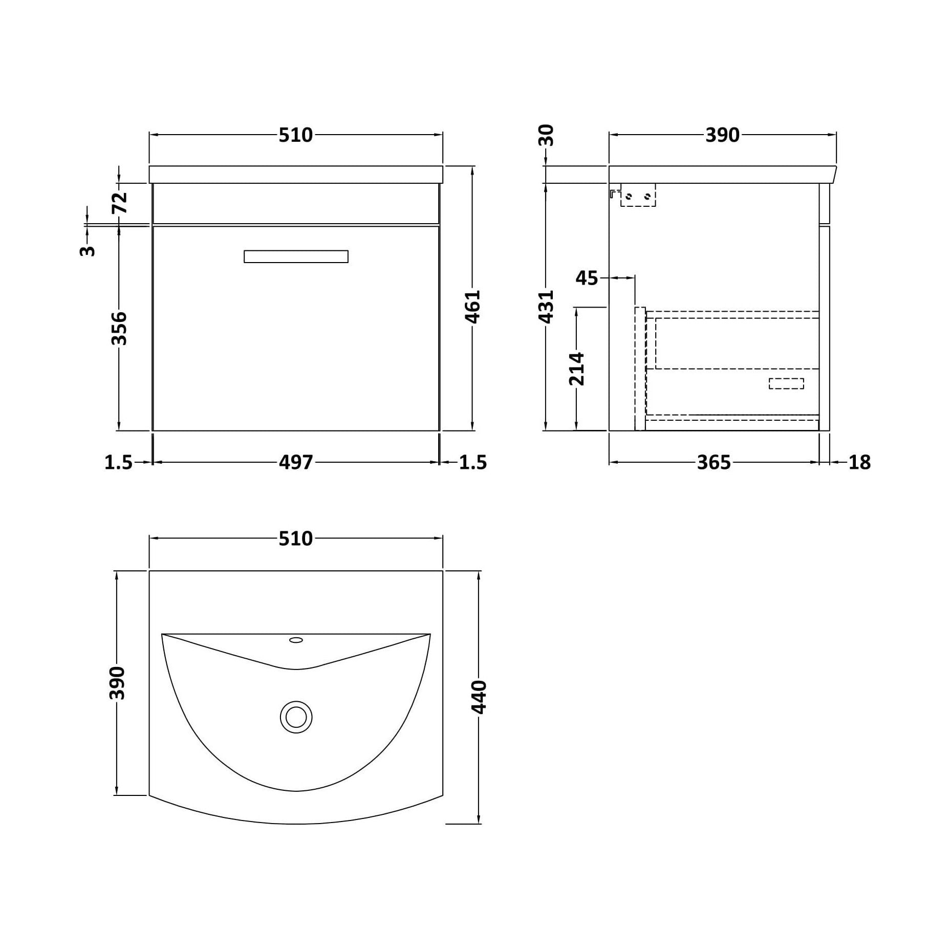 [BFRI012G] Millwich Contemporary 1 Drawer Wall Hung Vanity Unit with Curved Basin, Charcoal Black, 500mm - Technical Drawing