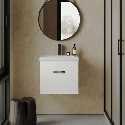 [BFRI013A17] Rio 1 Drawer Wall Hung Vanity Basin Unit - 500mm - Gloss White with Black D-shaped handle (Tap Not Included) - Balterley - Lifestyle 1