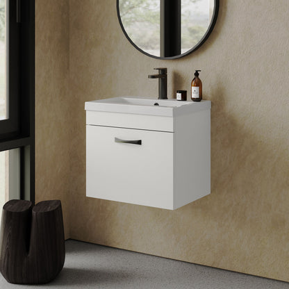 [BFRI013A17] Rio 1 Drawer Wall Hung Vanity Basin Unit - 500mm - Gloss White with Black D-shaped handle (Tap Not Included) - Balterley - Lifestyle 3