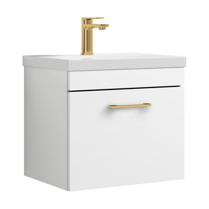 [BFRI013A68] Rio 1 Drawer Wall Hung Vanity Basin Unit - 500mm - Gloss White with Brushed Brass D-shaped handle (Tap Not Included) - Cutout
