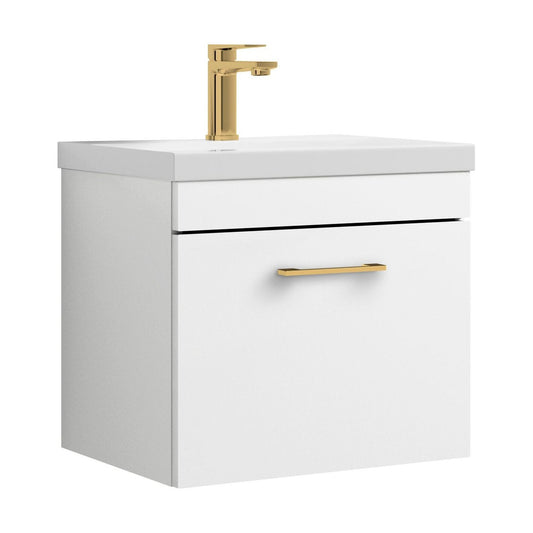 [BFRI013A68] Rio 1 Drawer Wall Hung Vanity Basin Unit - 500mm - Gloss White with Brushed Brass D-shaped handle (Tap Not Included) - Cutout