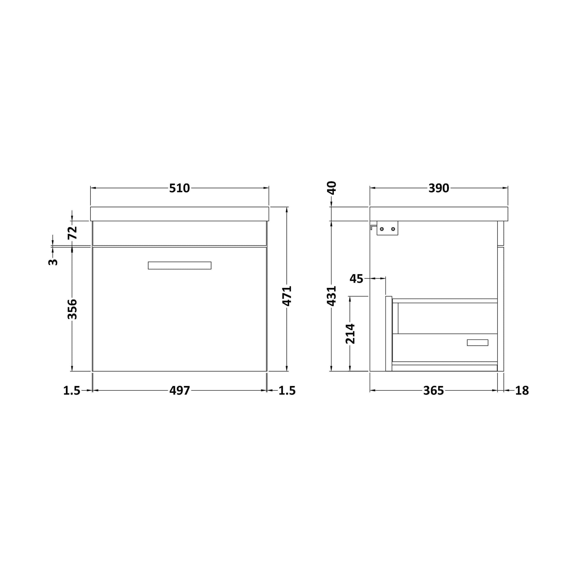 [BFRI013A68] Rio 1 Drawer Wall Hung Vanity Basin Unit - 500mm - Gloss White with Brushed Brass D-shaped handle (Tap Not Included) - Technical Drawing