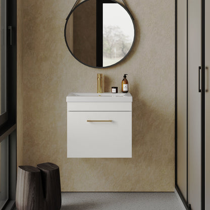 [BFRI013A68] Rio 1 Drawer Wall Hung Vanity Basin Unit - 500mm - Gloss White with Brushed Brass D-shaped handle (Tap Not Included) - Lifestyle 1