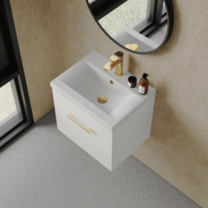 [BFRI013A68] Rio 1 Drawer Wall Hung Vanity Basin Unit - 500mm - Gloss White with Brushed Brass D-shaped handle (Tap Not Included) - Lifestyle 2