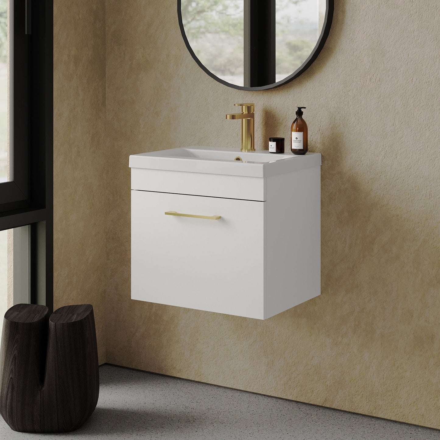 [BFRI013A68] Rio 1 Drawer Wall Hung Vanity Basin Unit - 500mm - Gloss White with Brushed Brass D-shaped handle (Tap Not Included) - Lifestyle 3
