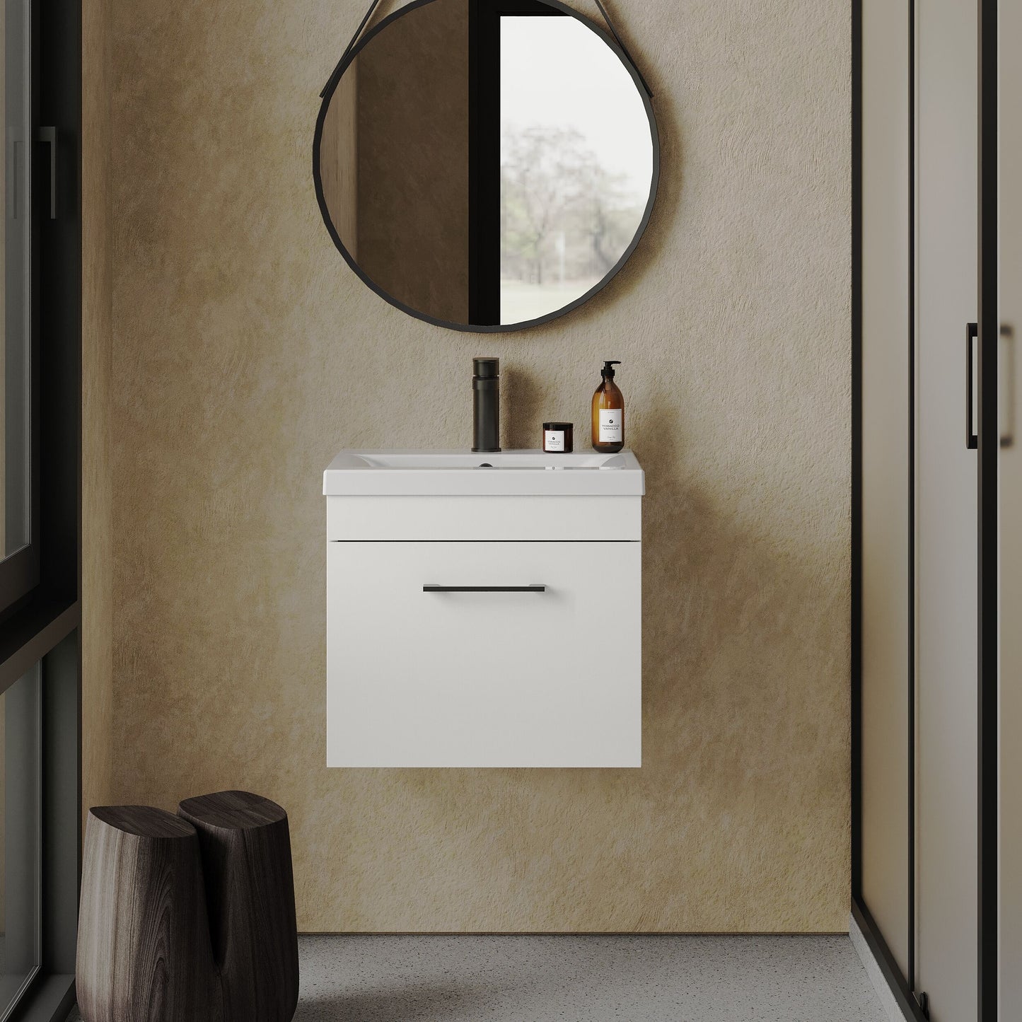 [BFRI013A69] Rio 1 Drawer Wall Hung Vanity Basin Unit - 500mm - Gloss White with Square Black D-shaped handle (Tap Not Included) - Balterley - Lifestyle 1