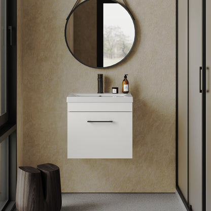[BFRI013A69] Rio 1 Drawer Wall Hung Vanity Basin Unit - 500mm - Gloss White with Square Black D-shaped handle (Tap Not Included) - Balterley - Lifestyle 1