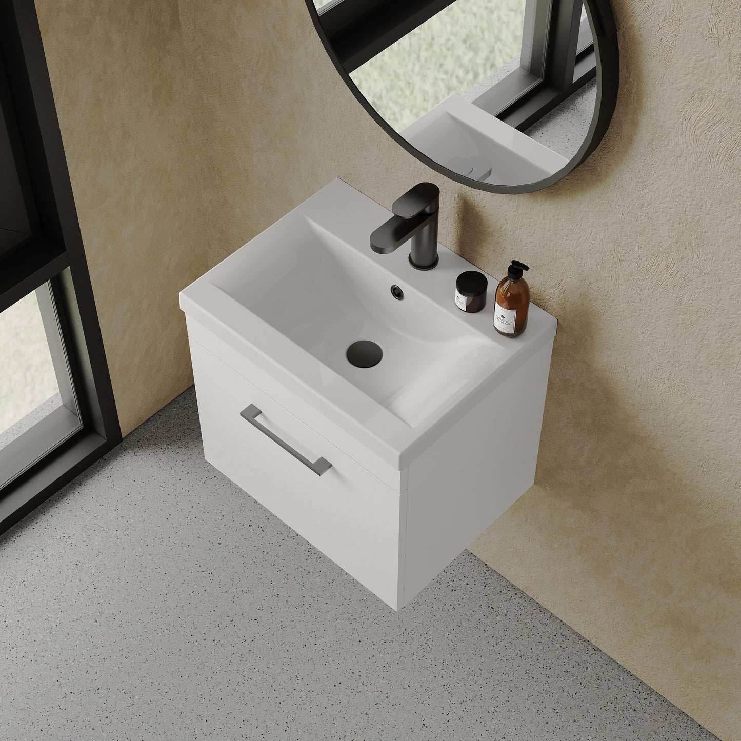 [BFRI013A69] Rio 1 Drawer Wall Hung Vanity Basin Unit - 500mm - Gloss White with Square Black D-shaped handle (Tap Not Included) - Balterley - Lifestyle 2