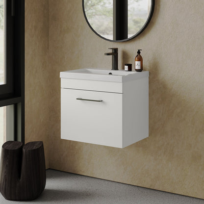 [BFRI013A69] Rio 1 Drawer Wall Hung Vanity Basin Unit - 500mm - Gloss White with Square Black D-shaped handle (Tap Not Included) - Balterley - Lifestyle 3